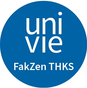 Blauer Punkt mit weißem Schriftzug Uni Vie FakZen THKS