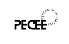 Weißer Hintergrund mit dem schwarzen Schriftzug PECEE. Das letzte E trägt den kreisförmig darüber schwebenden Schriftzug "Research Initiative".