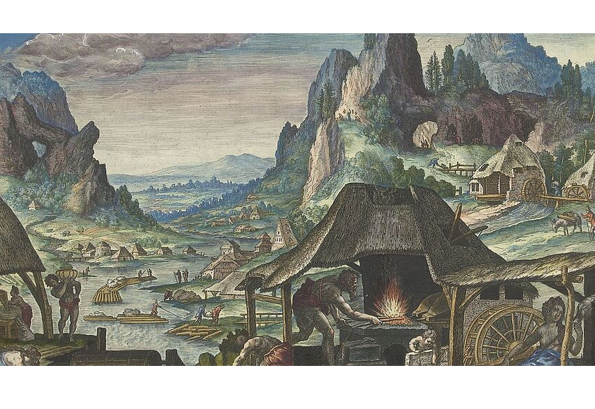 Tubal-Cain, the progenitor of all who work bronze and iron, in his smithy. On the right, his sister Naäma spinning yarn. The scene is set in a rocky landscape. A river runs through the landscape. This print is part of an album.